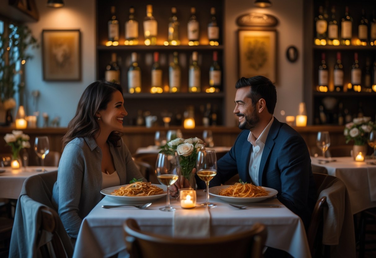A couple enjoying a romantic dinner at an Italian restaurant with warm lighting and rustic decor.