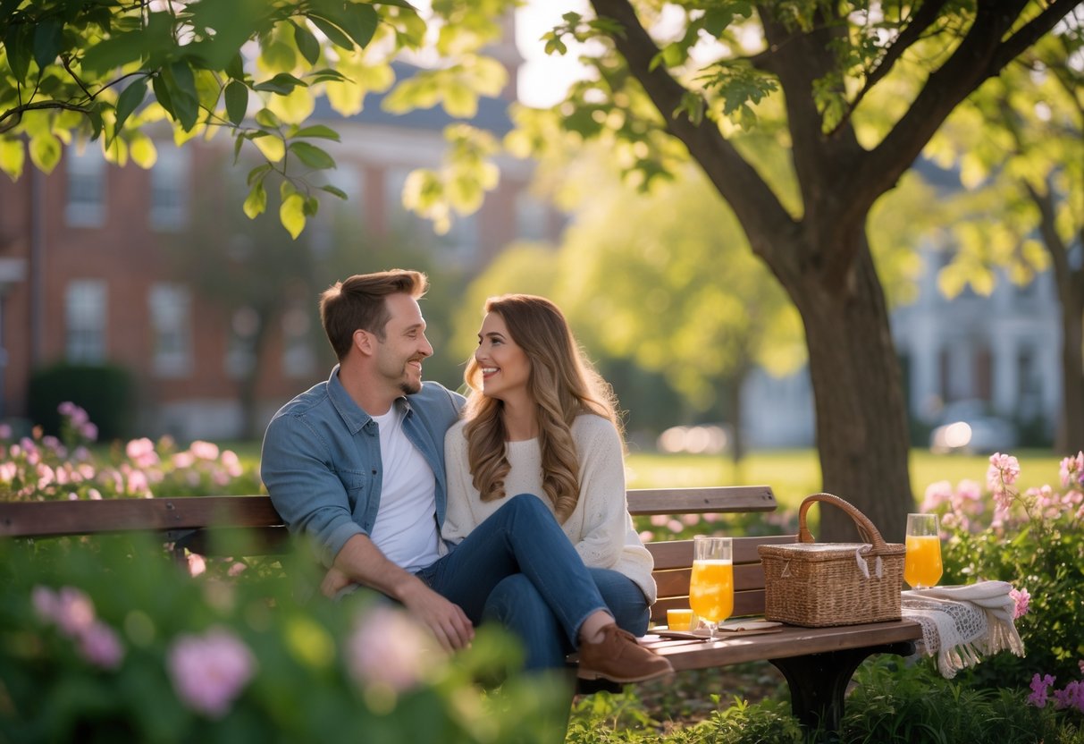 A couple sitting on a park bench surrounded by trees and flowers, smiling and enjoying a picnic together.