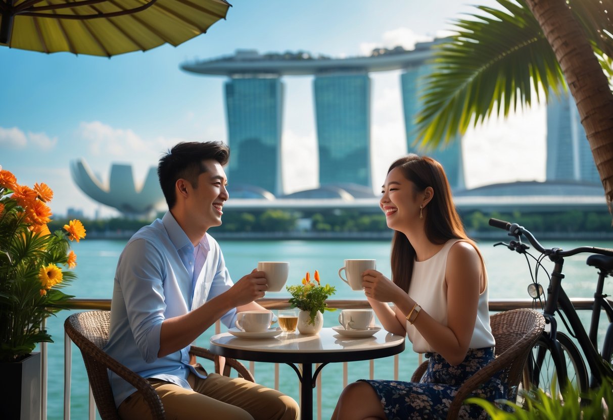 A young couple enjoying a date at an outdoor cafe with Marina Bay Sands skyline in the background.
