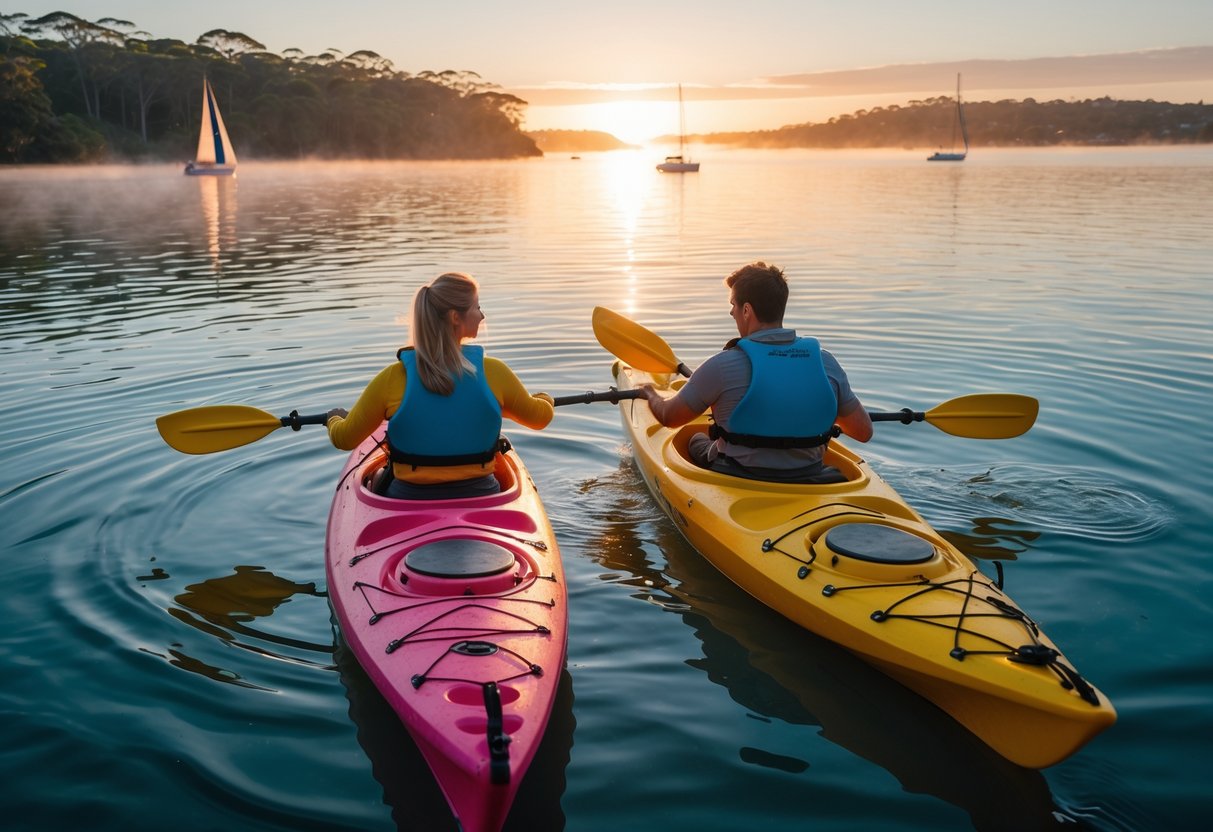 A couple kayaking together on calm water at sunrise with greenery and sailboats in the background.