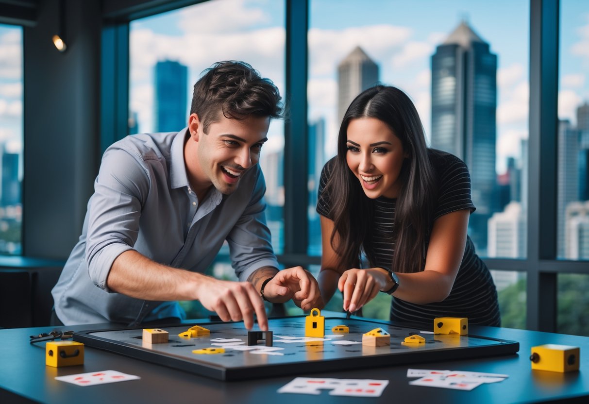 A young couple working together on puzzles in an escape room with a city skyline visible through large windows.