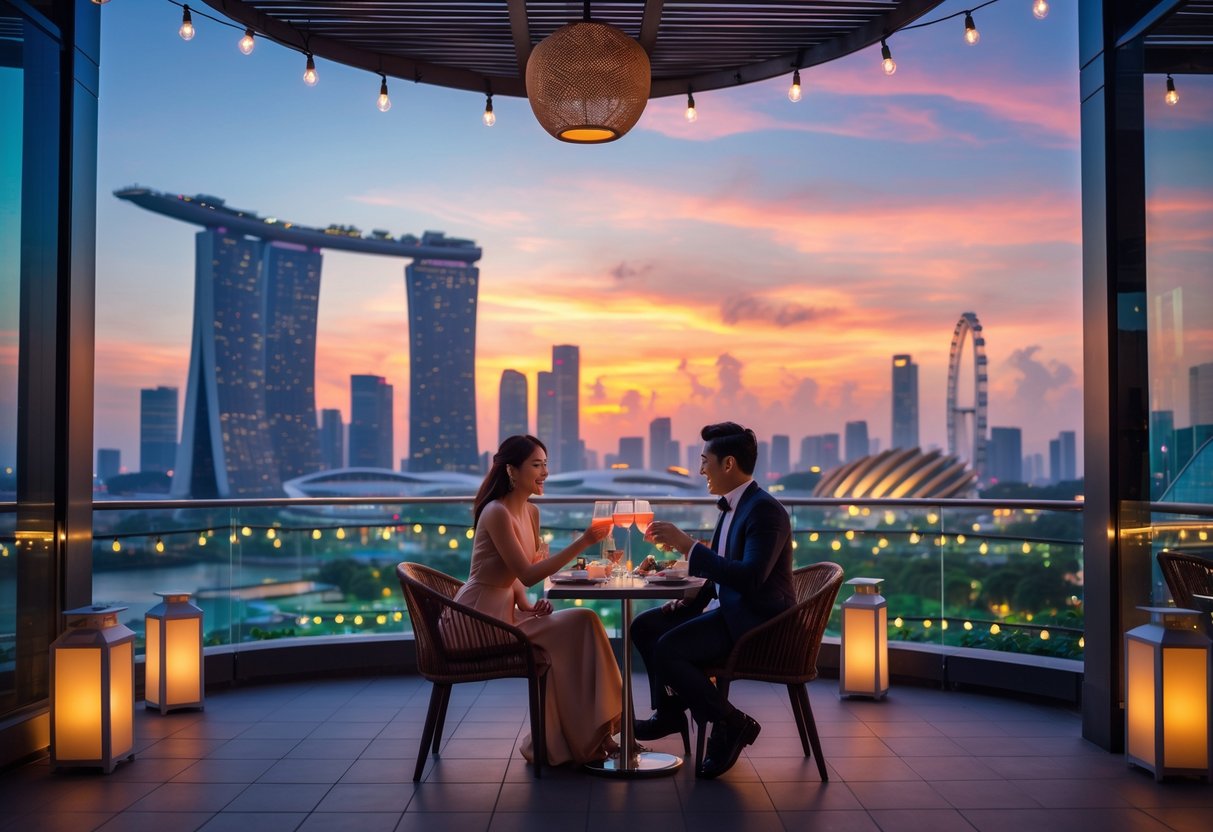 A couple enjoying a romantic dinner at a rooftop bar with a view of the Singapore skyline during sunset.