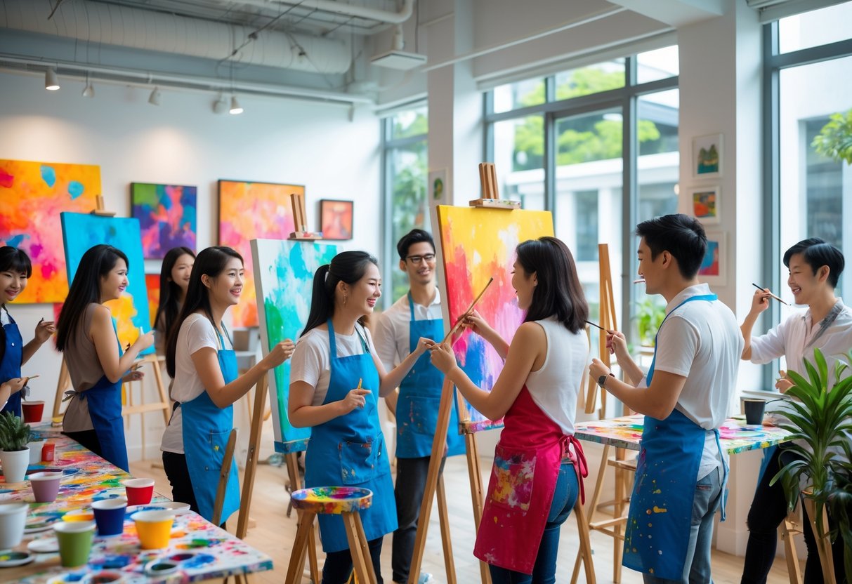 A group of young adults painting together in a bright art studio, enjoying a creative art jamming session.