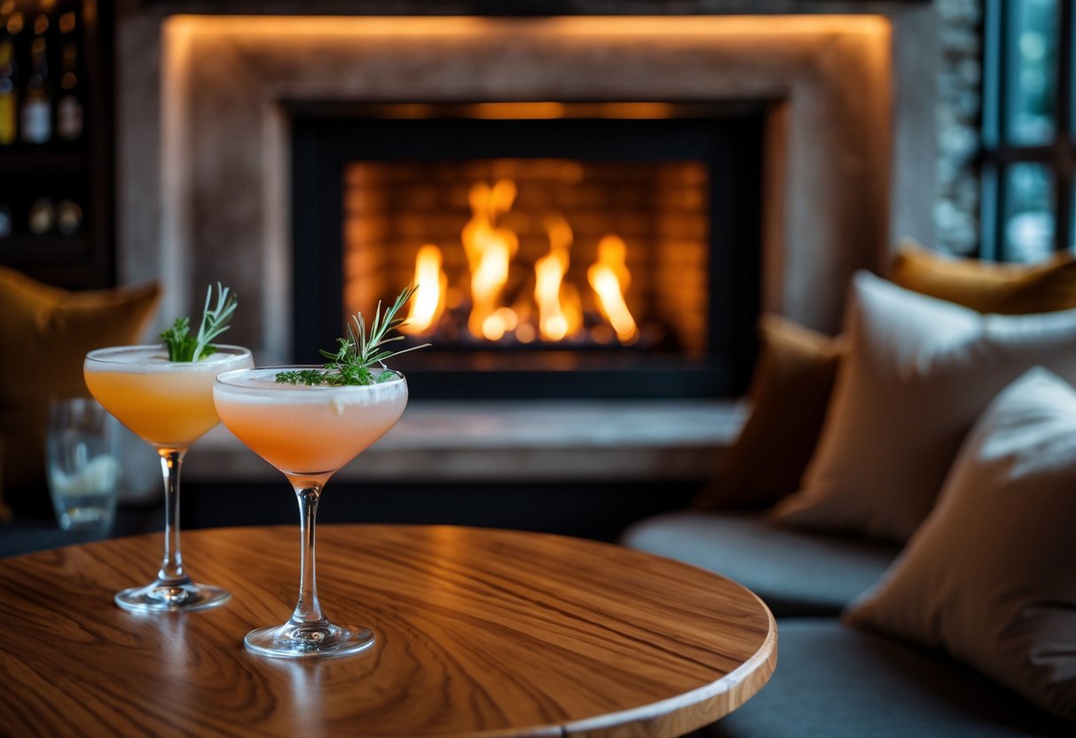 Two cocktails on a wooden table near a warm fireplace inside a cozy bar with comfortable seating.