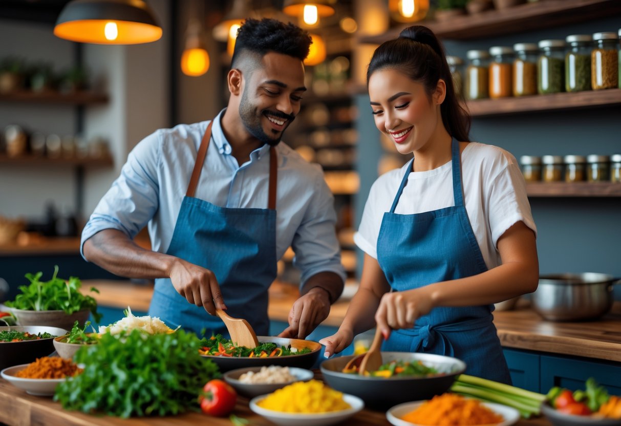 A couple cooking together in a vibrant kitchen, preparing food with fresh ingredients and spices.