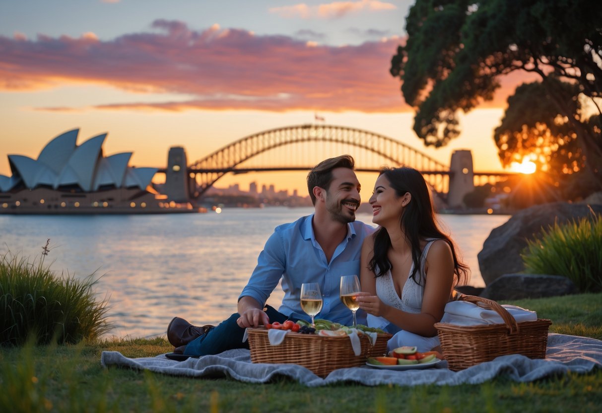 A couple enjoying a sunset picnic near the Sydney Opera House and Harbour Bridge, sharing a happy moment together outdoors.