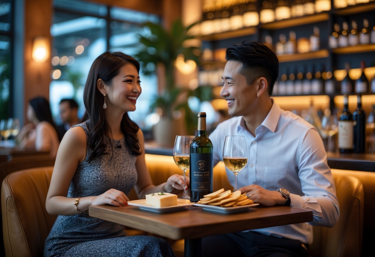 A couple enjoying wine tasting together at a cozy wine bar with wine glasses and appetizers on the table.