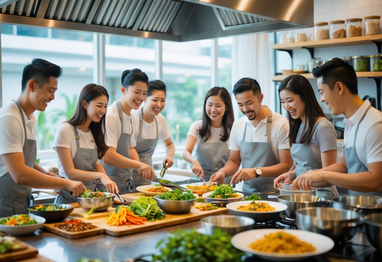 Couples cooking together in a bright, modern kitchen, preparing food and enjoying a cooking class.