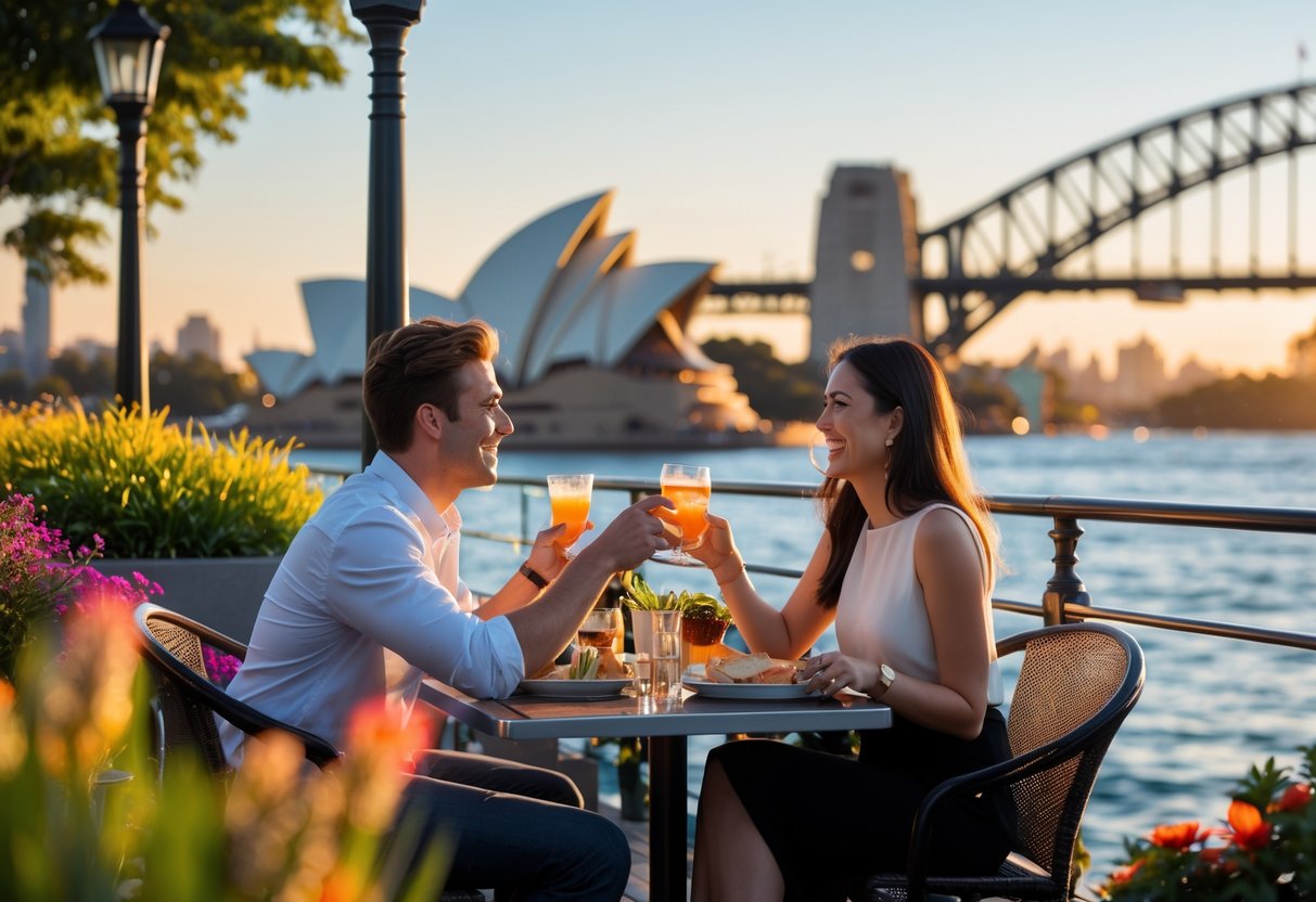 A young couple enjoying a meal together at an outdoor café with the Sydney Opera House and Harbour Bridge in the background during sunset.