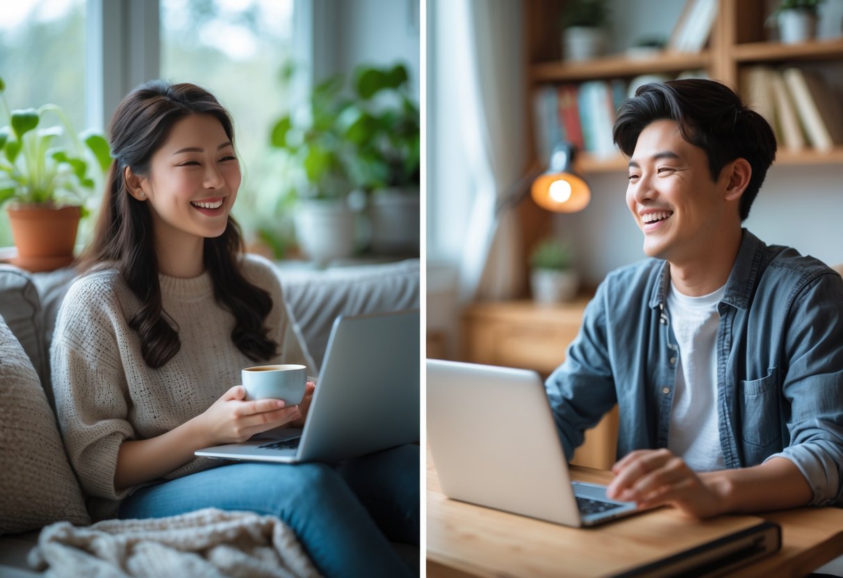 Two people smiling and talking to each other on a video call from their separate cozy rooms.