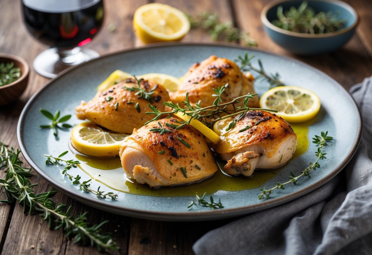 A plated roasted lemon herb chicken dish garnished with fresh herbs and lemon slices on a wooden table set for a cozy meal.