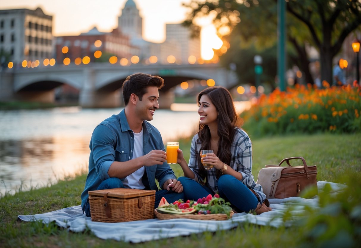 A young couple enjoying a picnic near the San Antonio River Walk at sunset, surrounded by greenery and historic buildings.