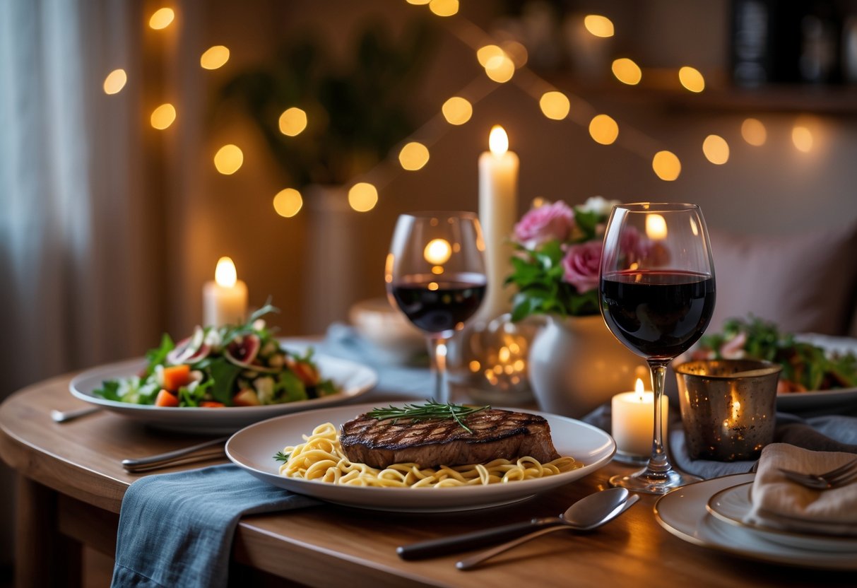 A cozy dining table set for a romantic date night meal at home with candles, food, wine, and flowers.