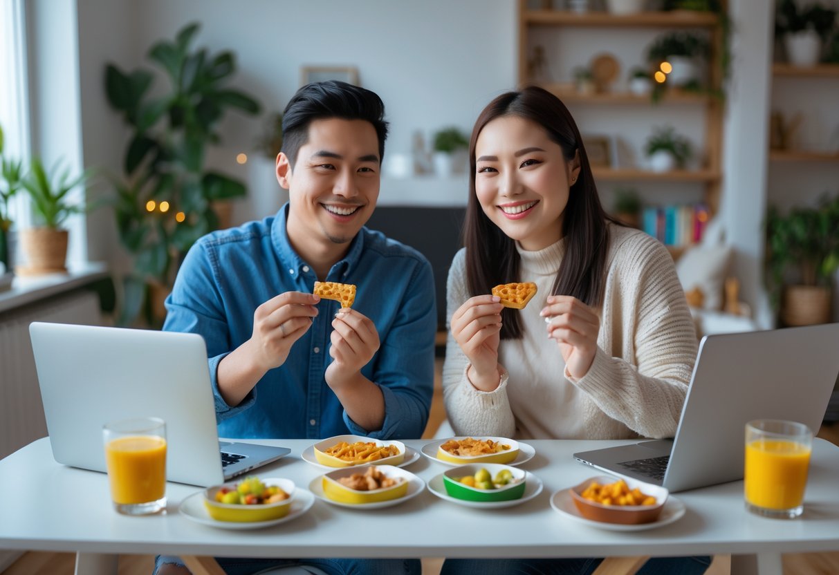 Two people in separate homes sharing a taste test over a video call, each with small food samples and drinks in front of them, smiling and interacting through their screens.