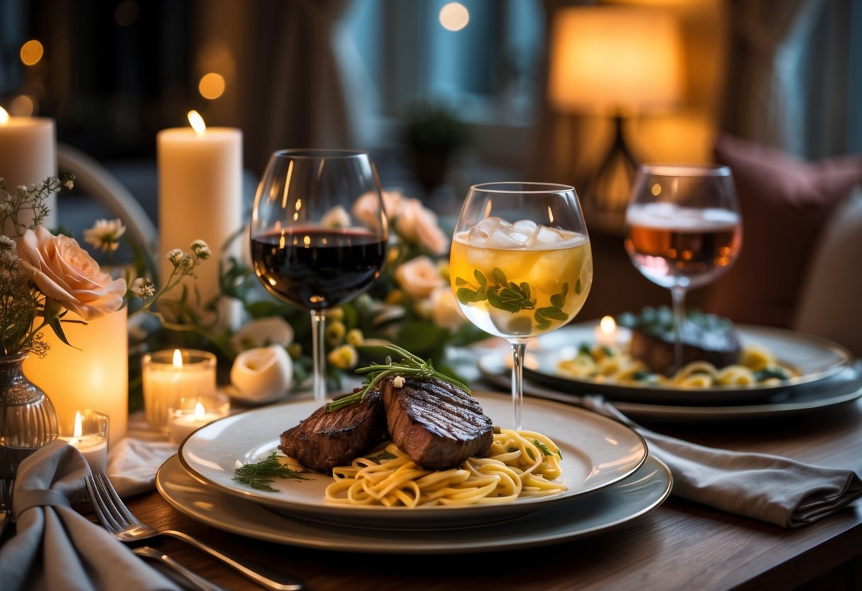 A cozy dining table set for two with gourmet food and matching drinks in an intimate home setting.