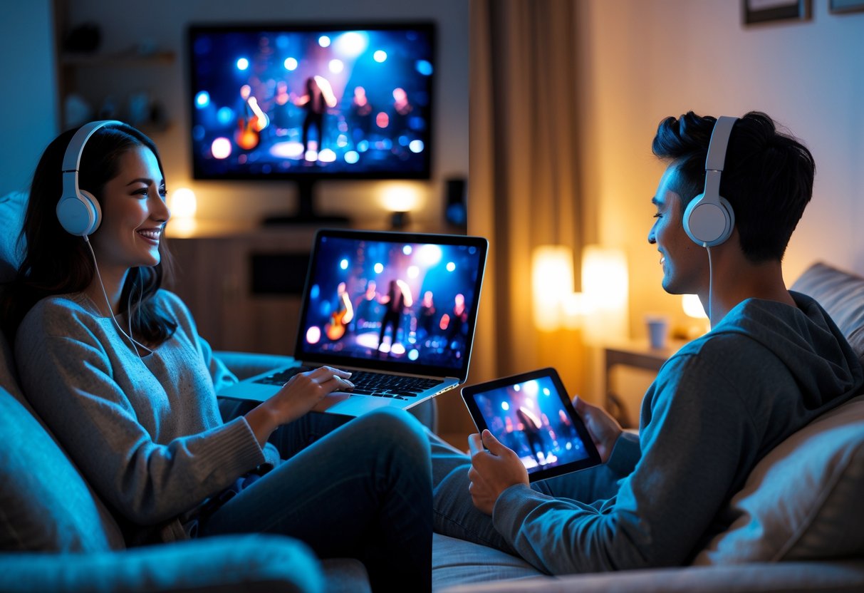 A young couple attending a virtual concert simultaneously from separate rooms, each enjoying the music on their devices.