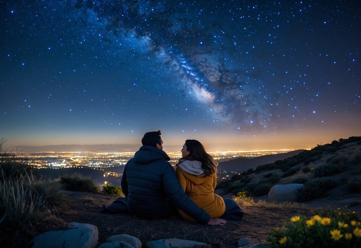 A couple sitting on a hill at night looking up at a star-filled sky with city lights in the distance.
