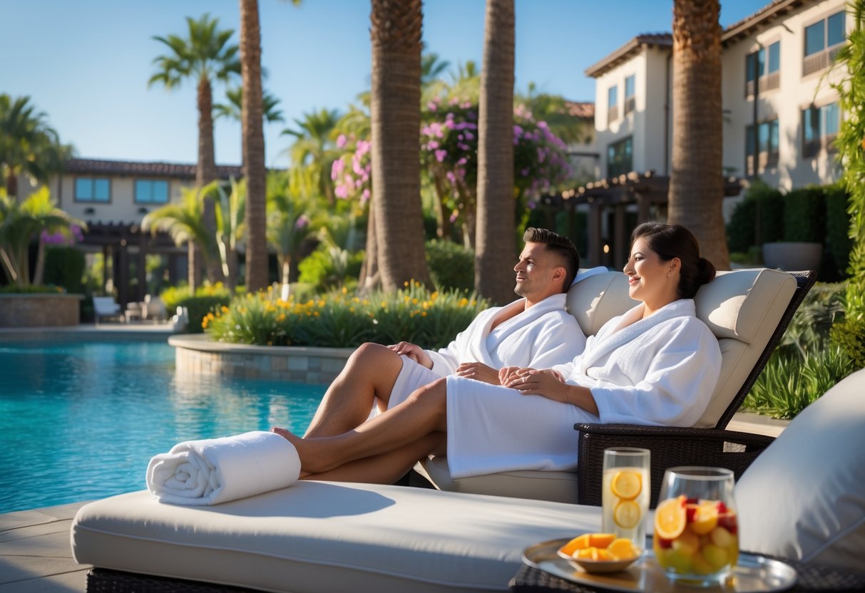 A couple in white spa robes relaxing on lounge chairs by a pool surrounded by greenery at a resort.