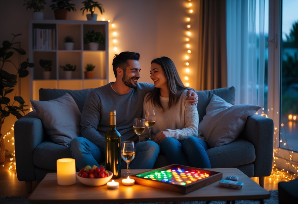 A couple sitting on a sofa in a warmly lit living room with candles, wine, a charcuterie board, and a board game on a coffee table.