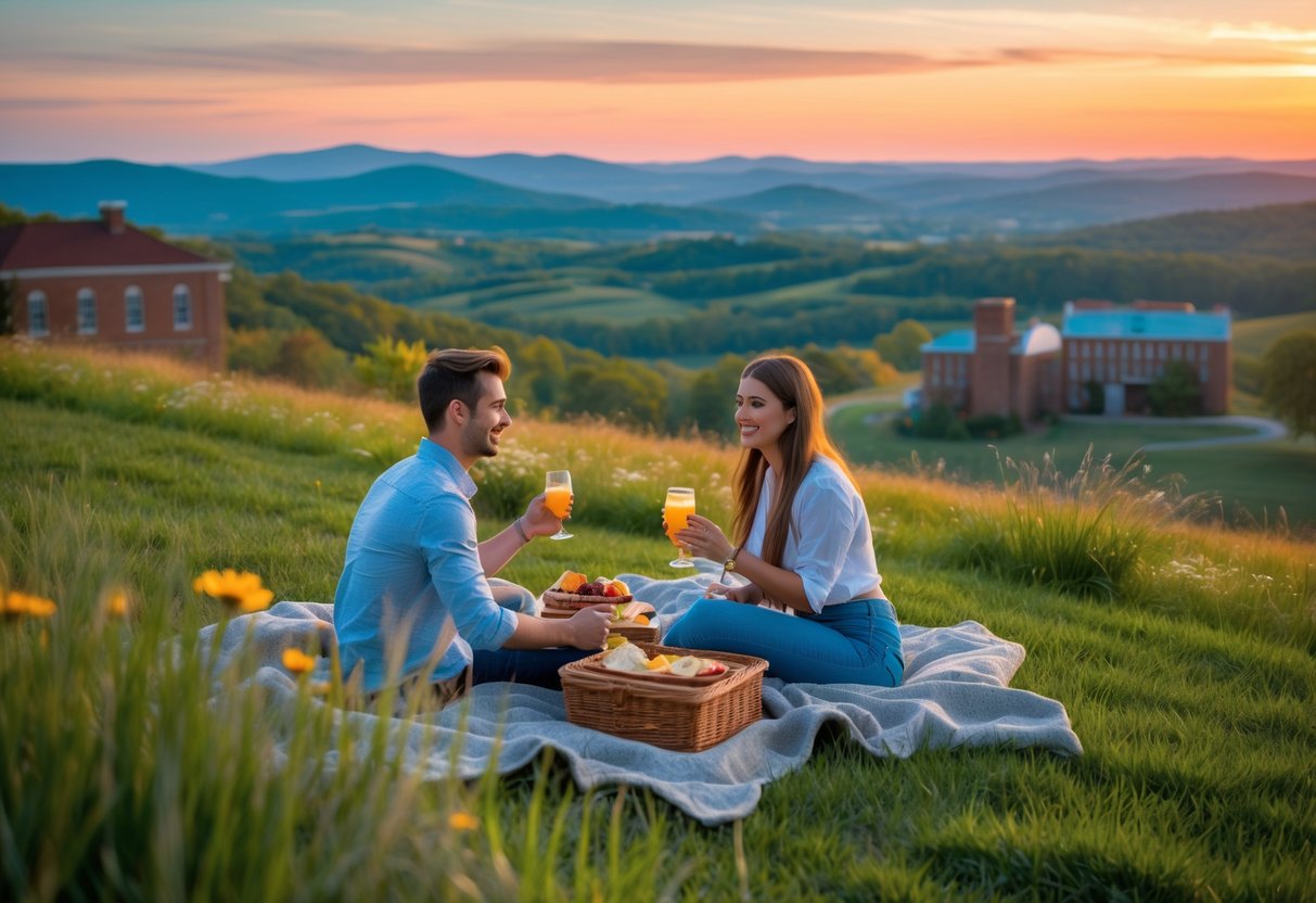 A young couple having a picnic on a grassy hill overlooking rolling hills and a sunset in Virginia.
