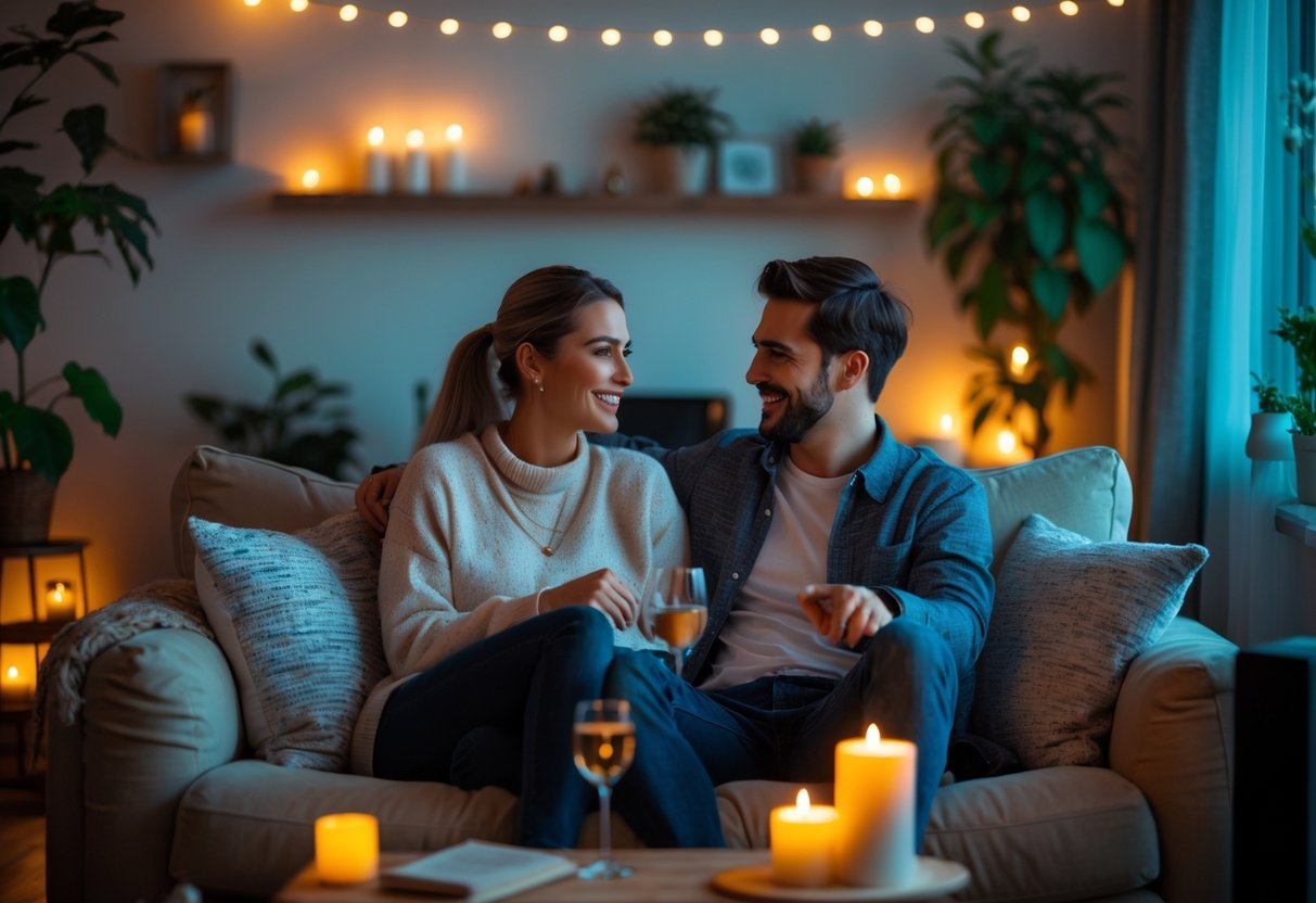 A couple sitting on a sofa at home, listening to music and talking during a cozy date night.
