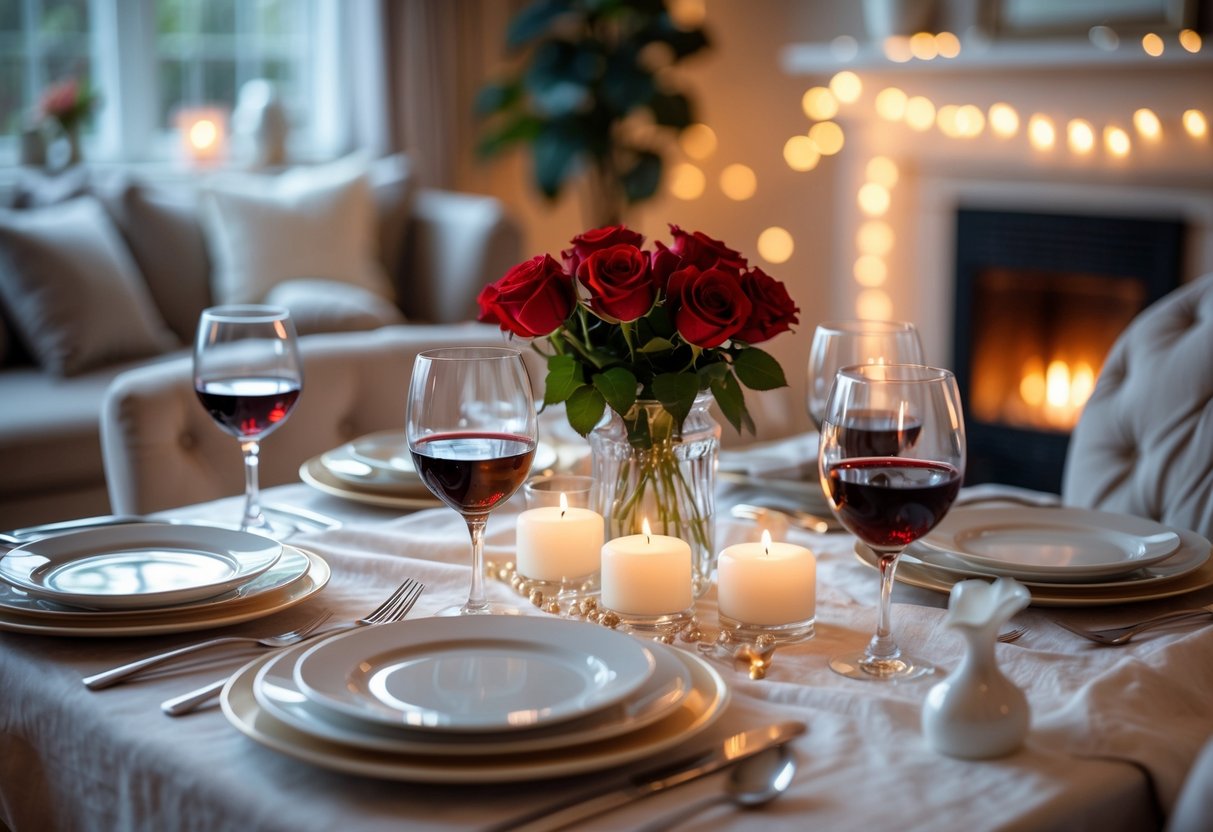 A warmly lit dining table set for a romantic evening with candles, red wine glasses, and a bouquet of red roses in a cozy home setting.