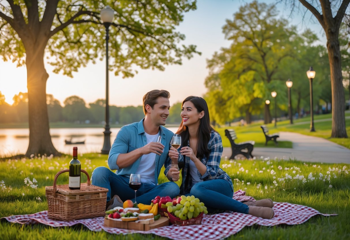 A young couple having a picnic in a green park near a lake with trees and flowers around them.