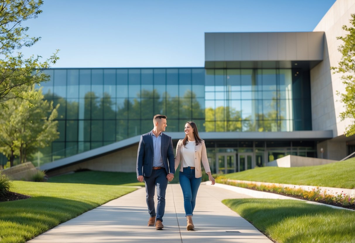 A young couple walking hand-in-hand outside a modern art museum surrounded by greenery on a sunny day.