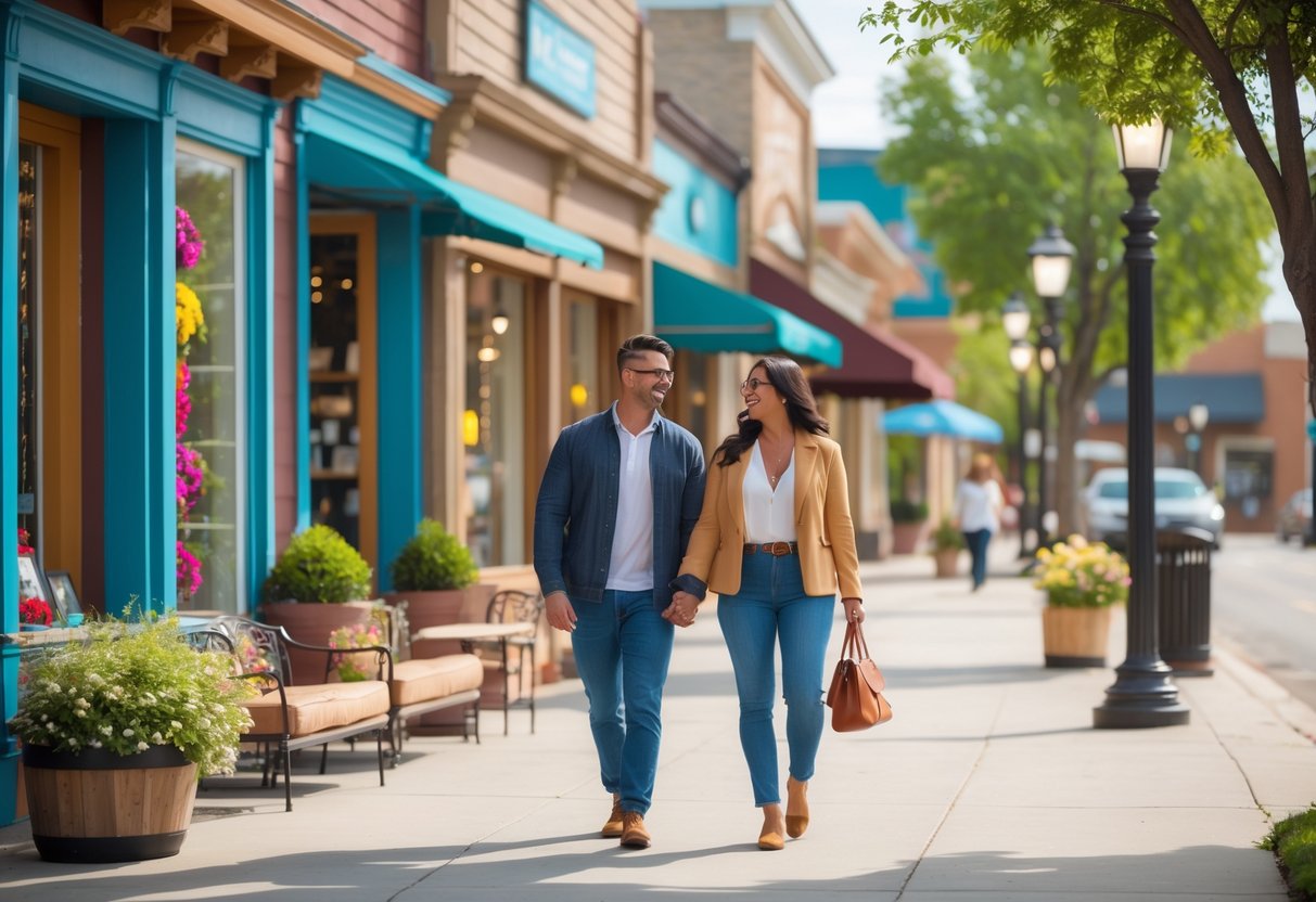 A couple walking hand-in-hand along a downtown street lined with local shops and trees.