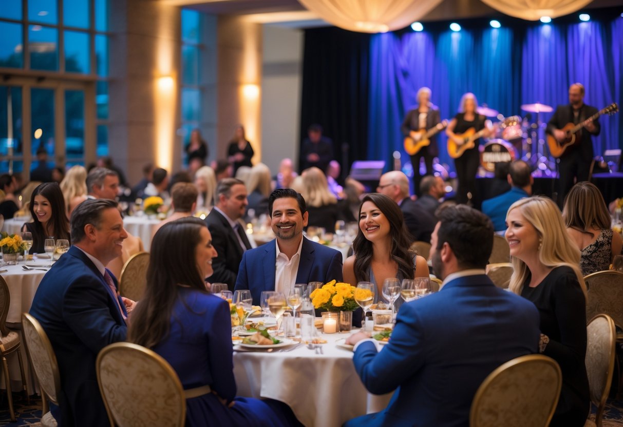 People enjoying live music at the Overland Park Convention Center, sitting at tables and watching a band perform on stage.
