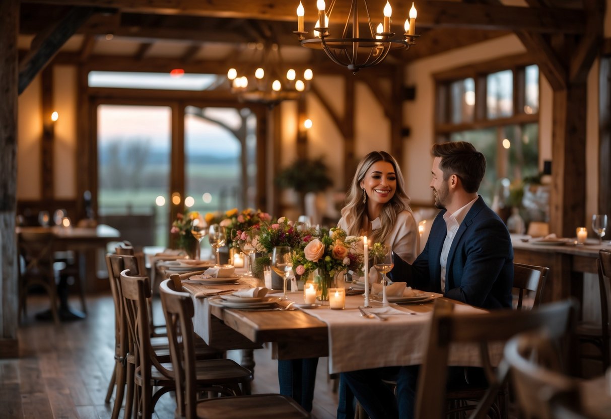 A couple enjoying a cozy dinner at a rustic farmhouse restaurant with warm lighting and a wooden interior.