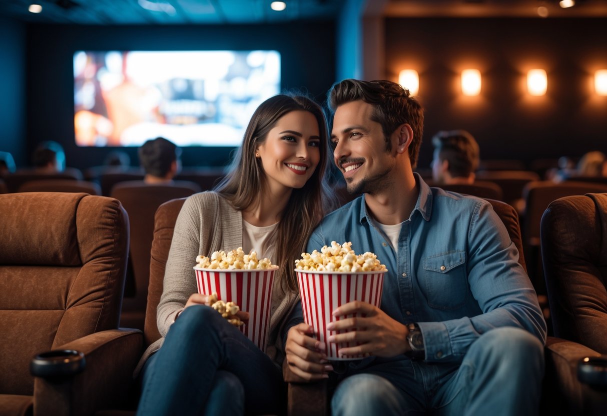 A young couple enjoying a movie night together in a dimly lit cinema theater, sharing popcorn and drinks.