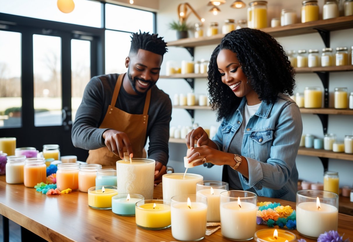 A couple pouring wax into candle jars together at a candle-making studio with supplies and shelves in the background.