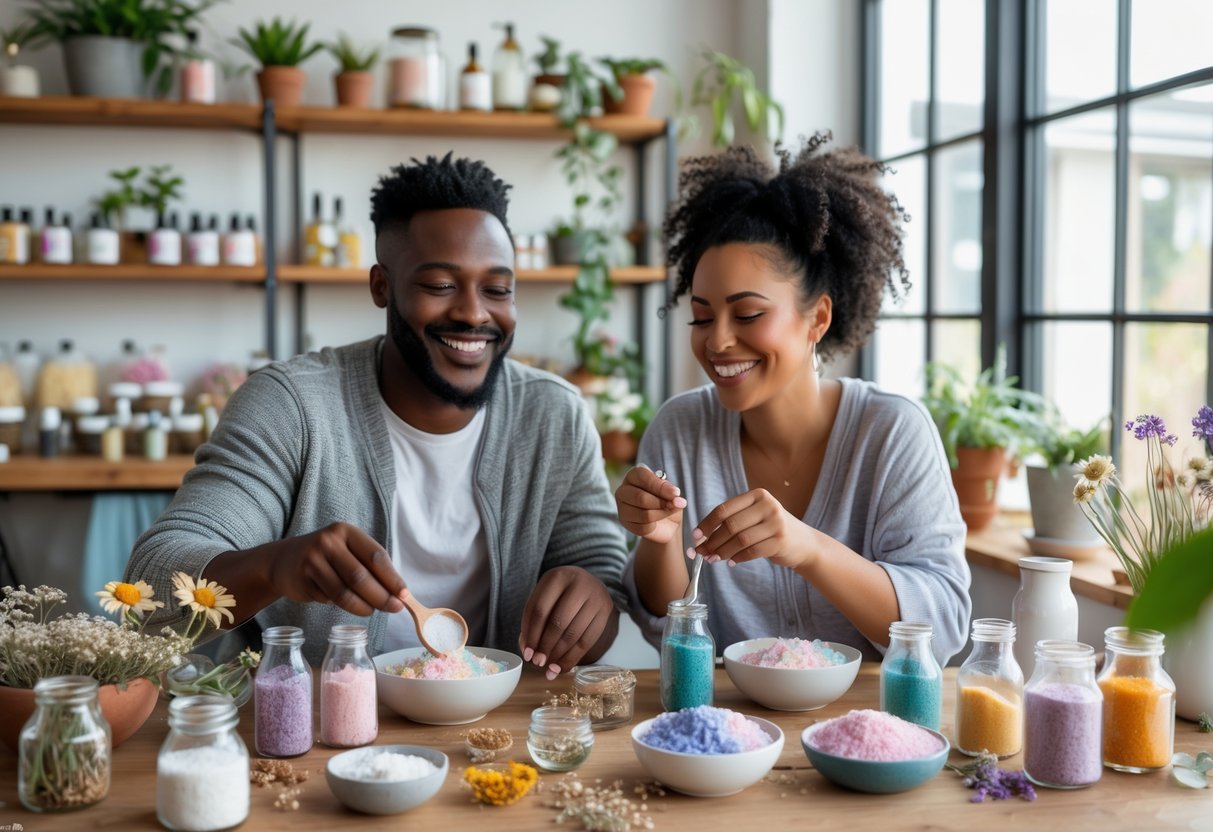 A couple making bath salts together at a cozy workshop table filled with jars, flowers, and essential oils.
