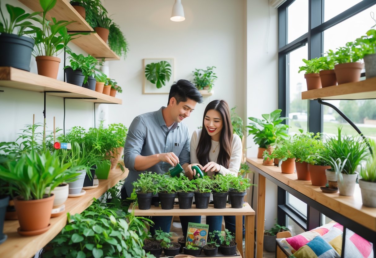 A young couple planting a mini garden together indoors surrounded by green plants and natural light.