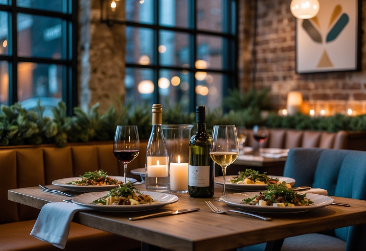 A cozy dinner table set for two with gourmet dishes, wine glasses, and warm lighting inside a stylish restaurant.