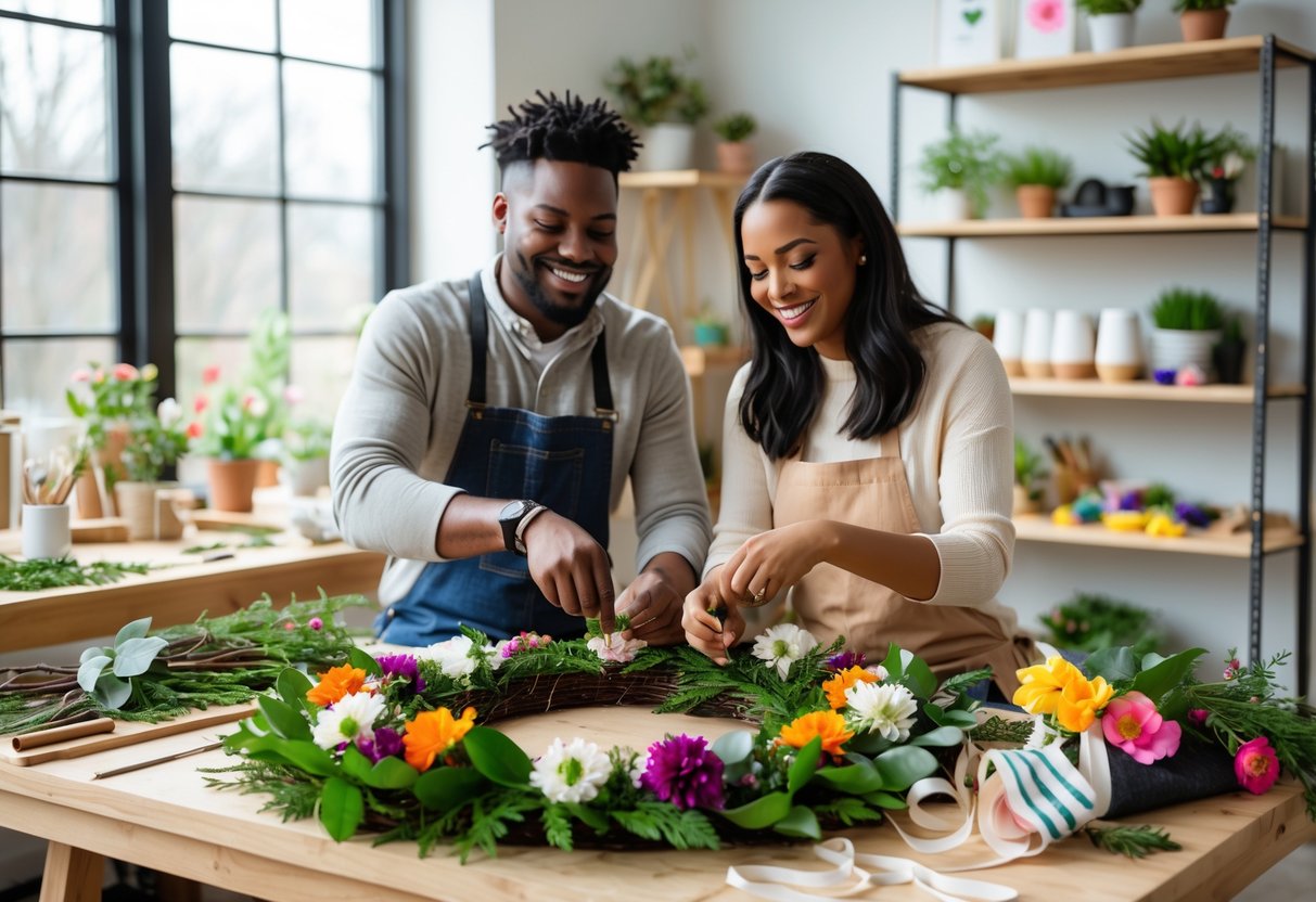 A couple making a decorative wreath together at a craft studio table filled with flowers and greenery.
