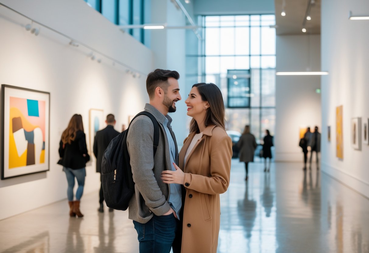 A couple admiring artwork inside a modern art gallery with other visitors in the background.