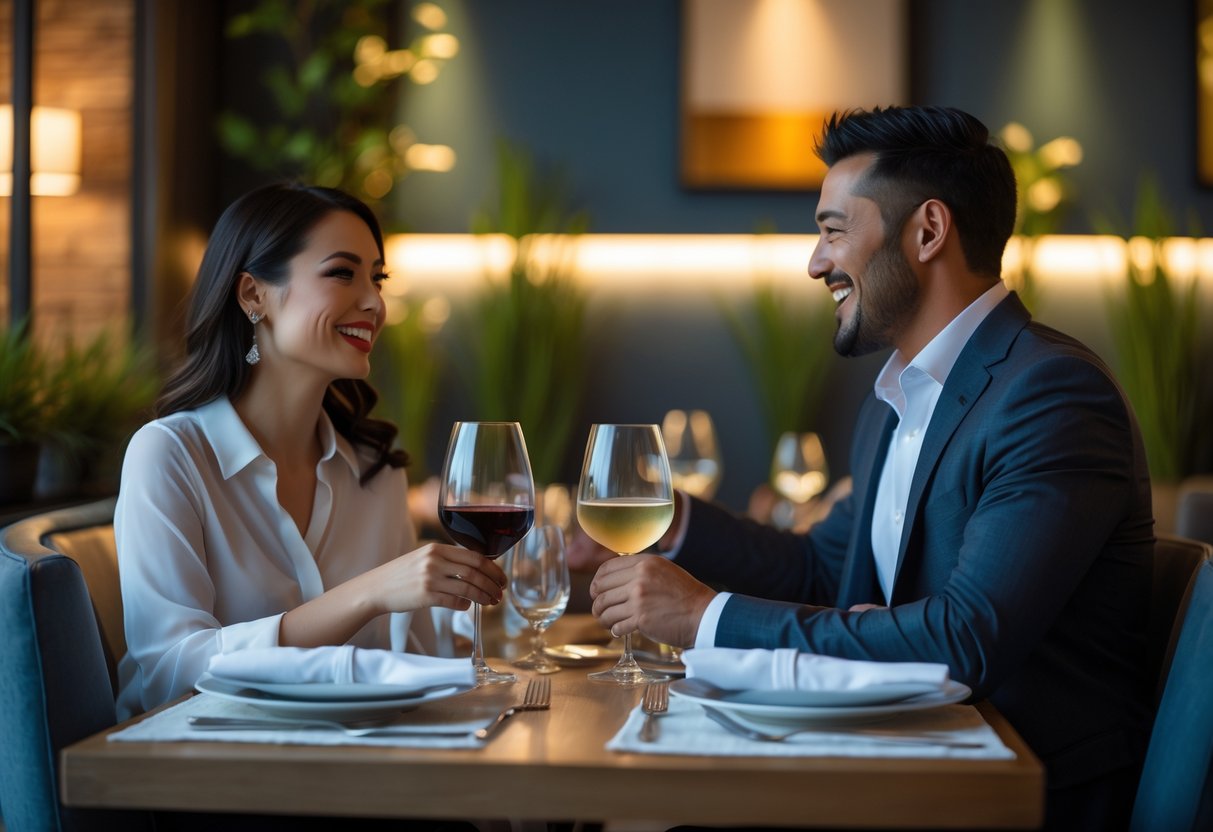 A couple enjoying a romantic dinner with wine at a stylish bistro table.