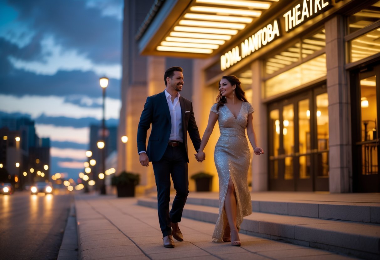 A couple dressed for an evening date walking hand in hand toward the entrance of a modern theatre building at dusk.