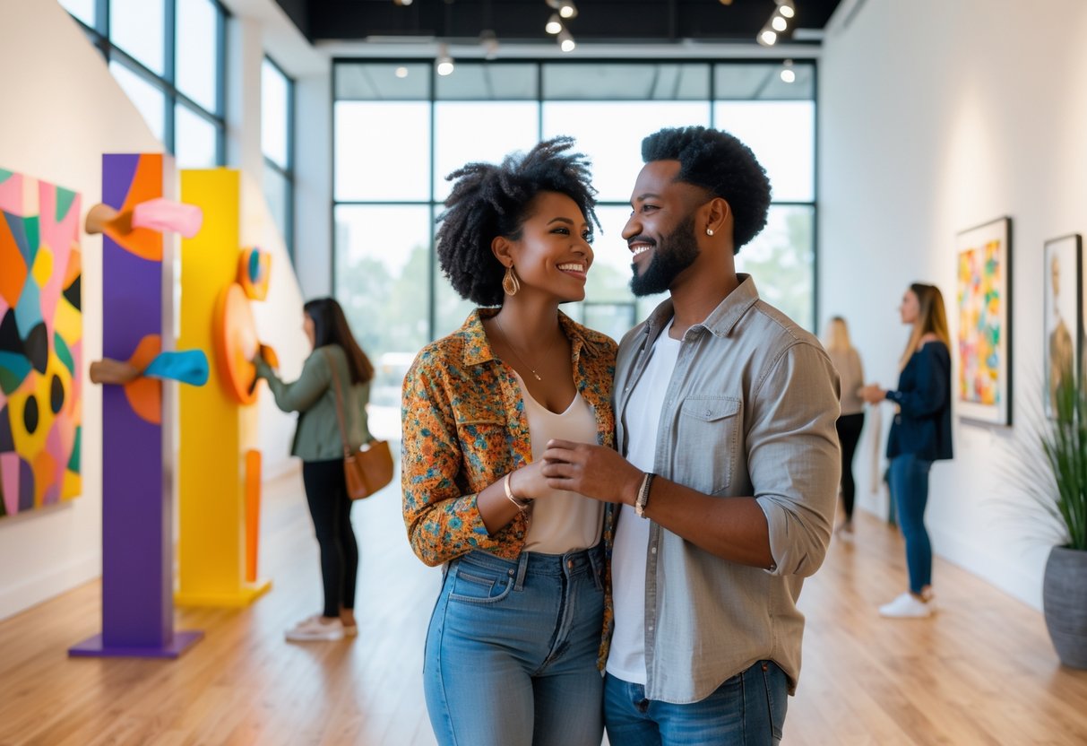A couple interacting with colorful art installations inside a bright, modern gallery space.