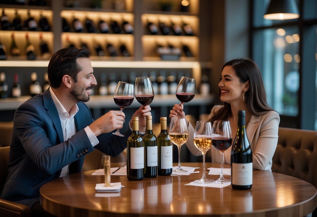 A couple tasting wine together at a table in a cozy wine tasting venue.