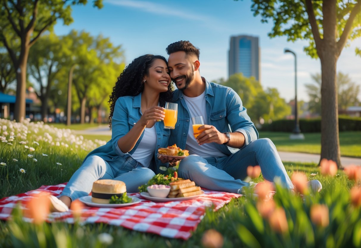 A couple enjoying a picnic and walking hand-in-hand in a lush green park with flowers and trees, with city buildings visible in the background.