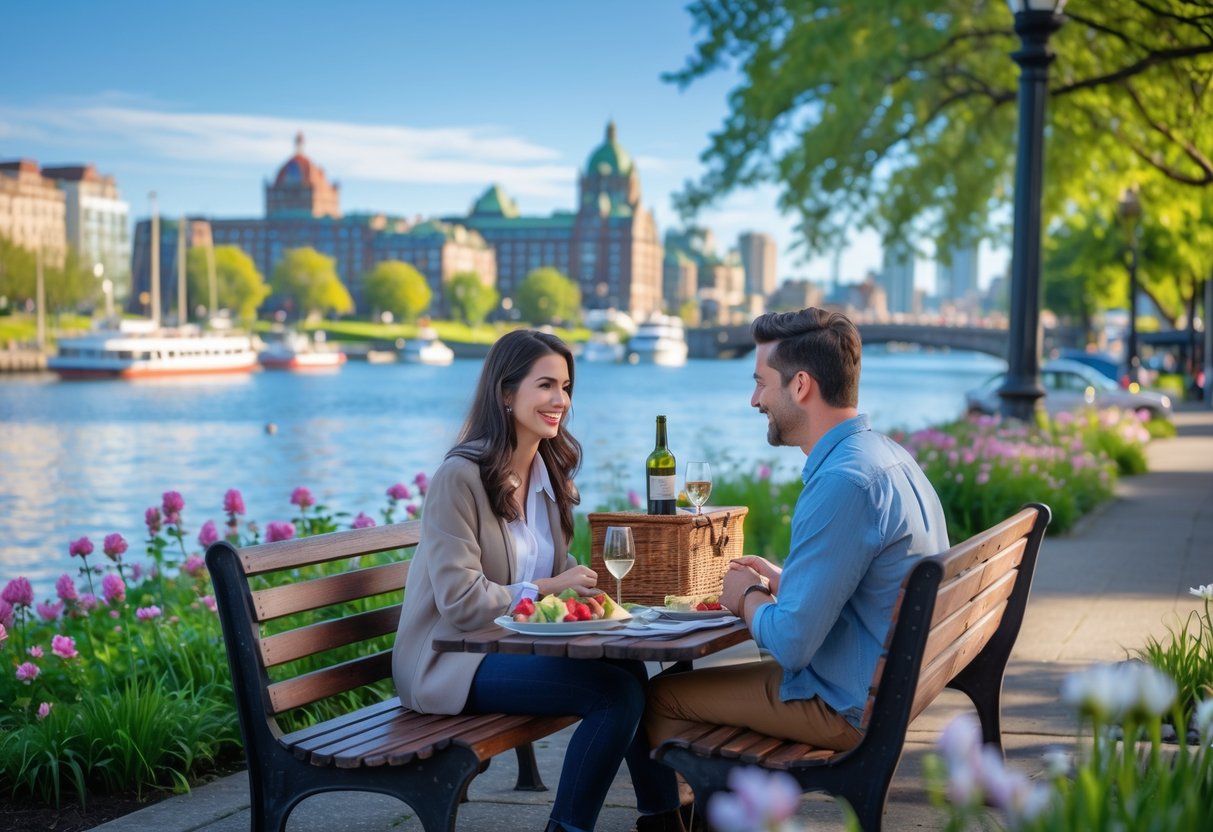 A young couple enjoying a picnic on a bench by the waterfront in Victoria with boats and historic buildings in the background.