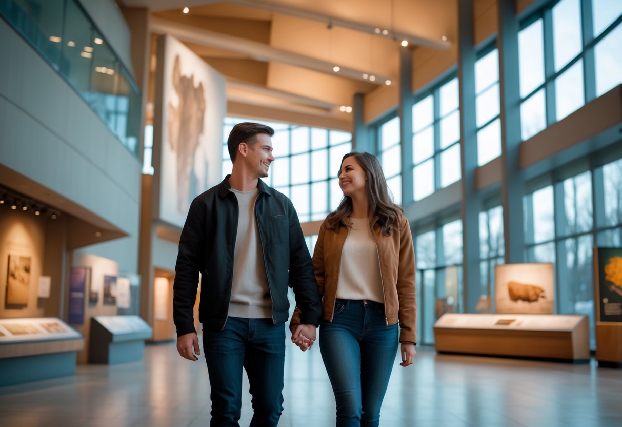 A young couple walking hand in hand inside the Manitoba Museum, surrounded by exhibits and natural light.