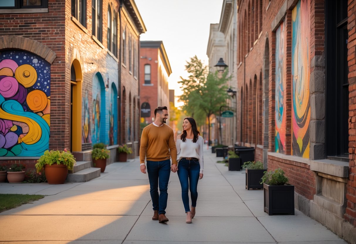 A young couple walking hand in hand along a street in Winnipeg's Exchange District with colorful murals on brick buildings around them.