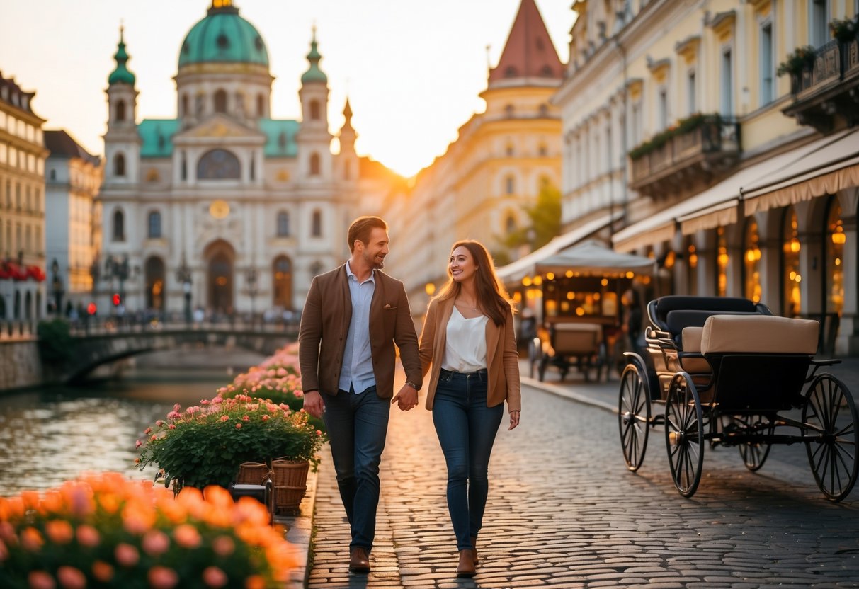 A couple walking hand in hand near the Danube Canal in Vienna with historic buildings and outdoor cafés in the background.