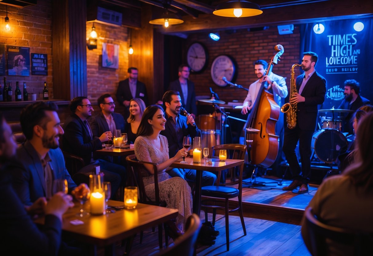 Couples enjoying a live jazz performance in a cozy, dimly lit club with musicians playing on stage.