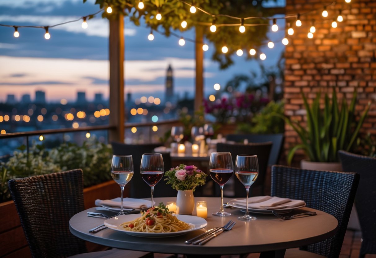 A dinner table for two set outdoors at an Italian restaurant with plates of food, wine glasses, candles, and string lights in the background.