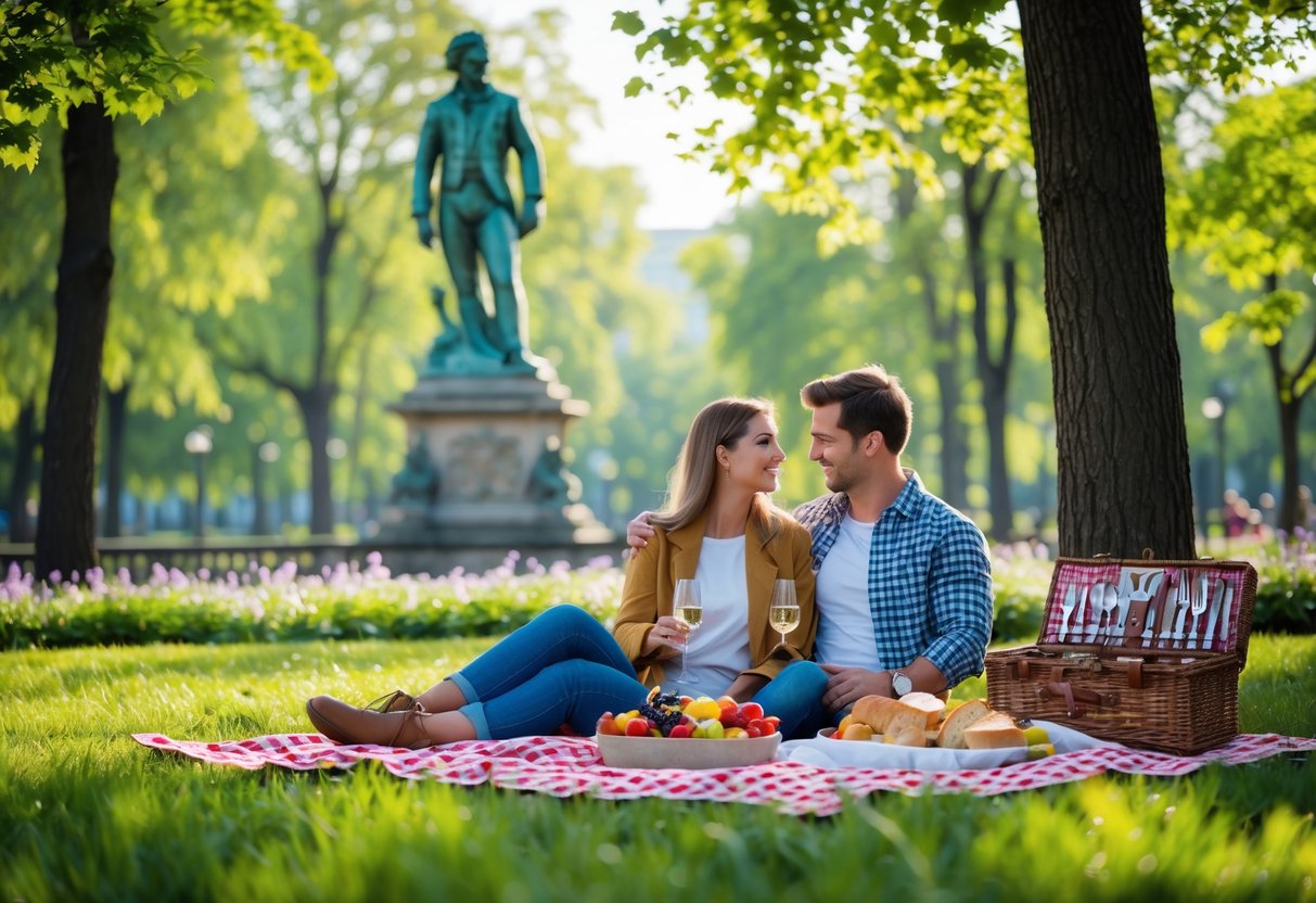 A couple having a picnic near Mozart's statue in a green city park with trees and flowers.